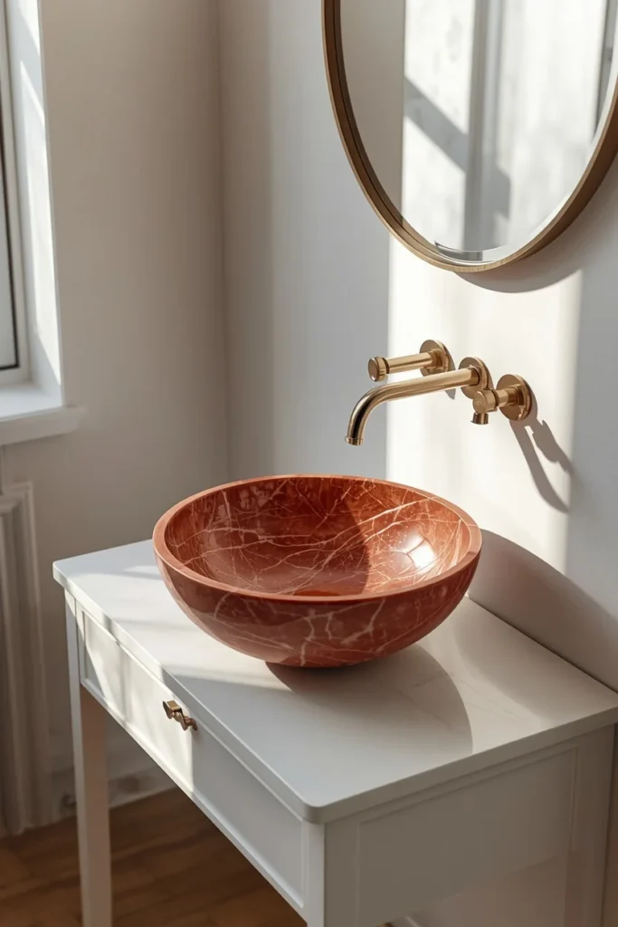 bathroom vanity, featuring a carved red marble vessel sink