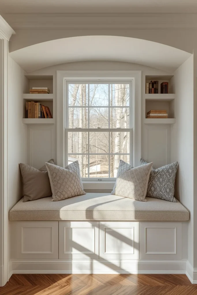 she shed built-in window seat, featuring a cushioned bench
