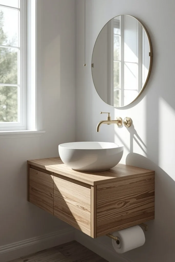 18 Small Bathroom Ideas That Pack Maximum Style Into Minimal Space 13 small bathroom, featuring a round white vessel sink on a floating wood vanity