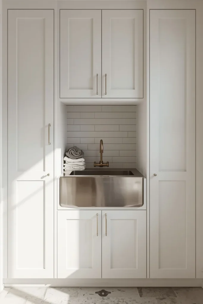21 Small Laundry Room Ideas That Pack Function & Style Into Every Inch 13 small laundry room, featuring a compact stainless utility sink