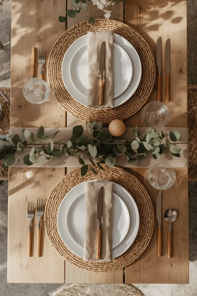 16 Spring Tablescape Ideas That Make Every Meal Feel Like a Garden Party 13 table setting featuring woven rattan chargers
