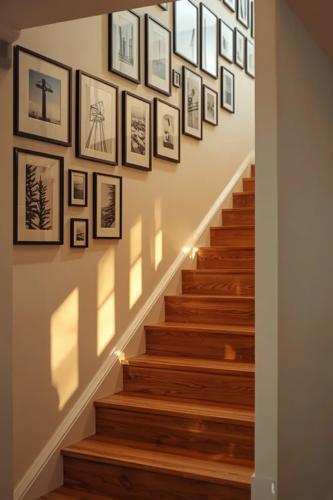 staircase wall, featuring a curated gallery wall of black-framed art 