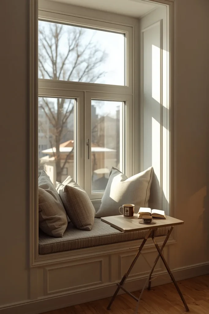 studio apartment window nook, featuring a built-in bench seat 