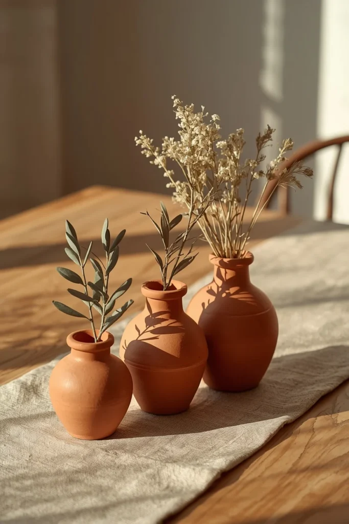dining table styling vignette, featuring three small unglazed terracotta pots
