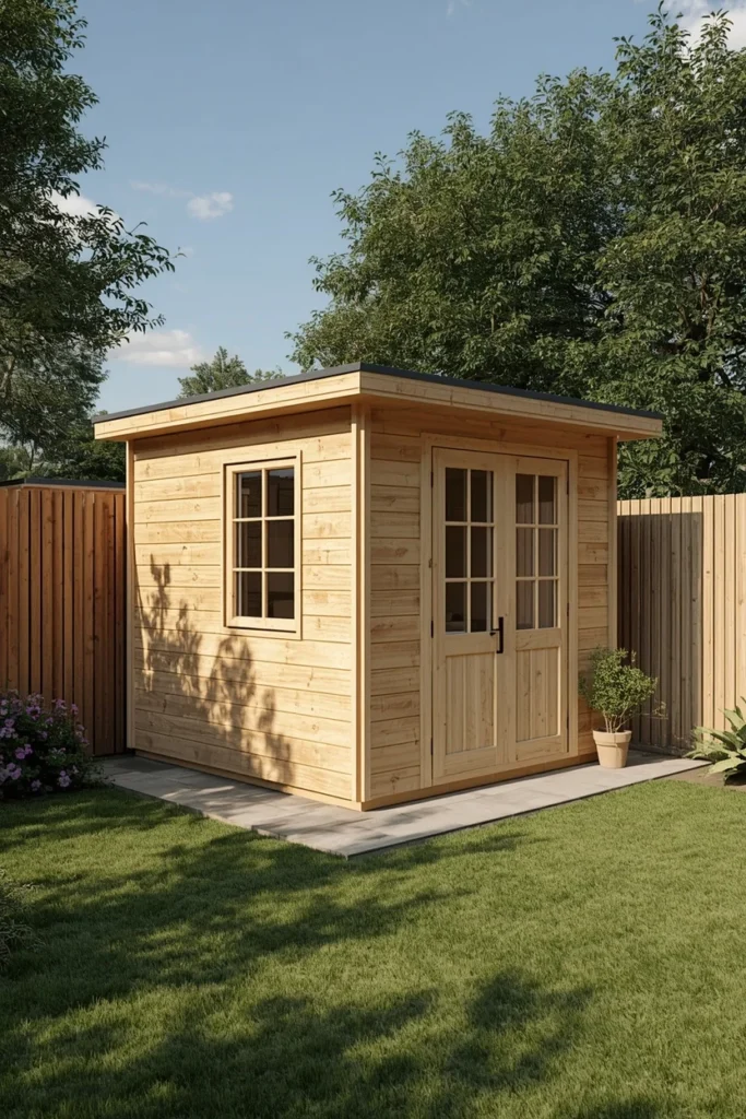 19 Summer House Ideas That Make Your Garden Feel Like a Vacation Destination 13 small corner garden summer house, featuring a compact angular timber cabin