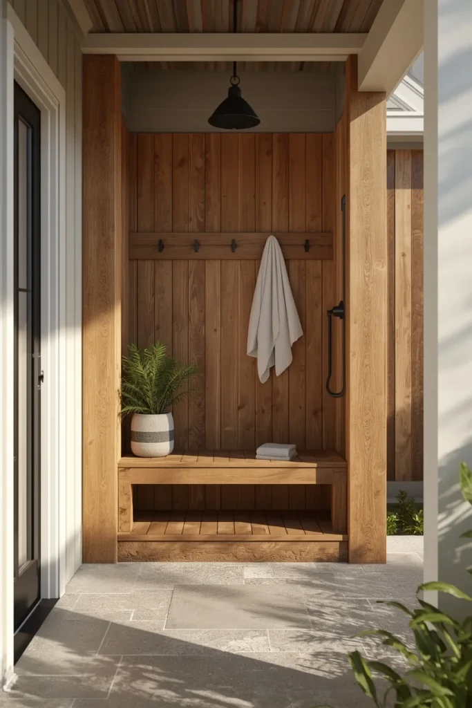summer house exterior entry, featuring a wood-surrounded outdoor shower