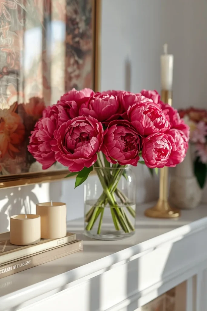  fireplace mantel, featuring a vibrant bouquet of peonies or hydrangeas i
