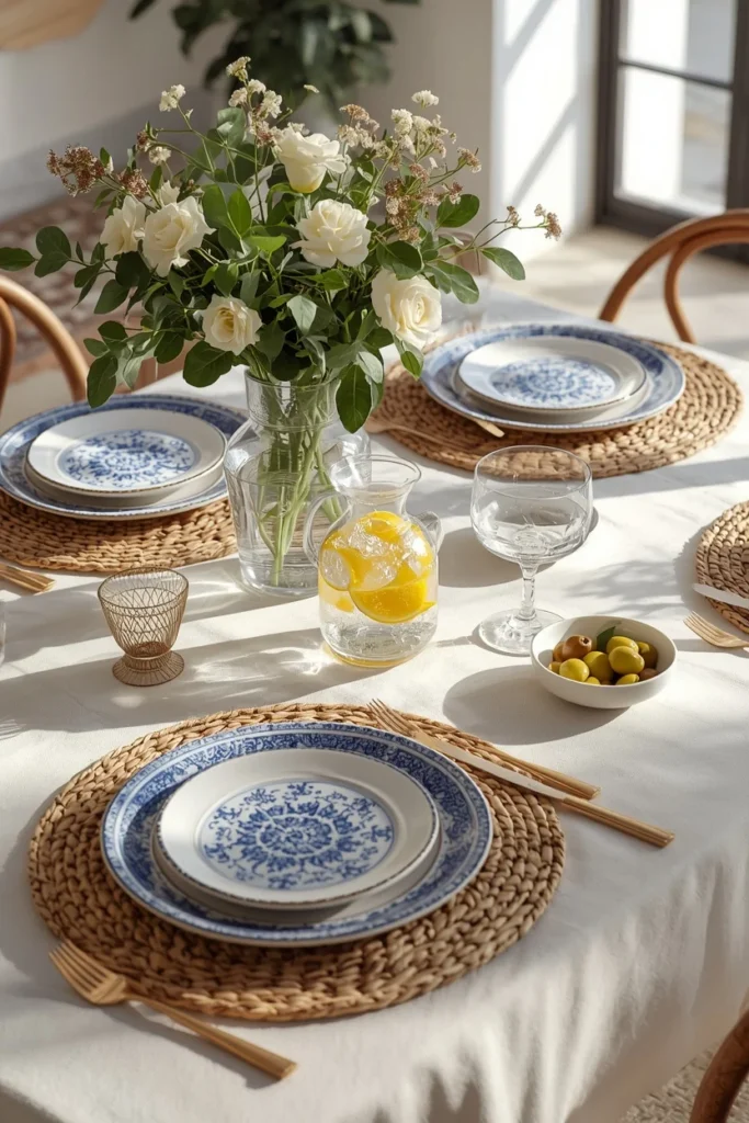 Mediterranean-style summer table featuring blue and white ceramic plates