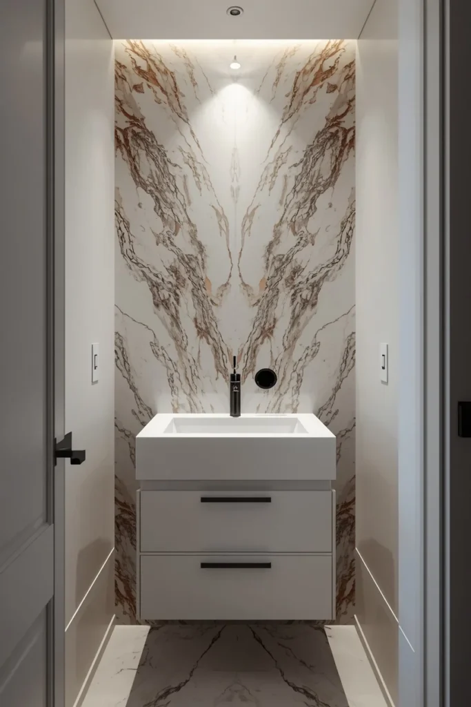 small powder room, featuring a bookmatched marble slab 