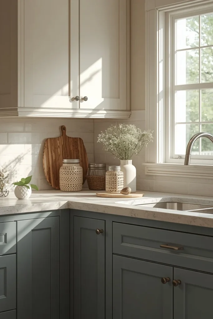 cottage kitchen, featuring dusty blue lower cabinets and warm cream upper cabinets,