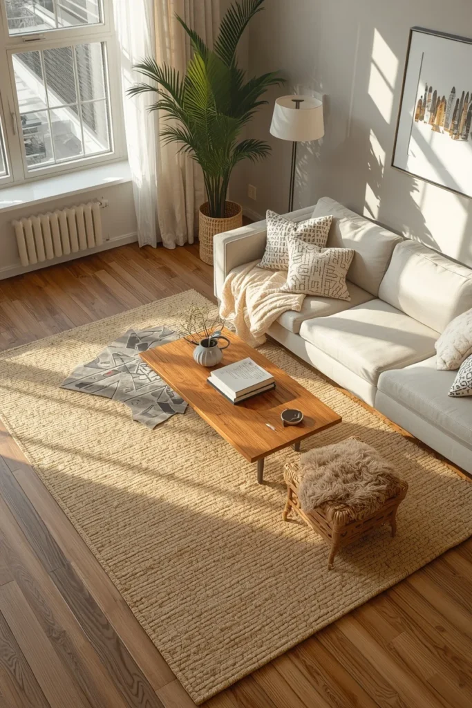 25 Apartment Living Room Ideas That Are Stylish, Smart and Totally Renter-Safe 14 apartment living room, featuring a natural jute rug