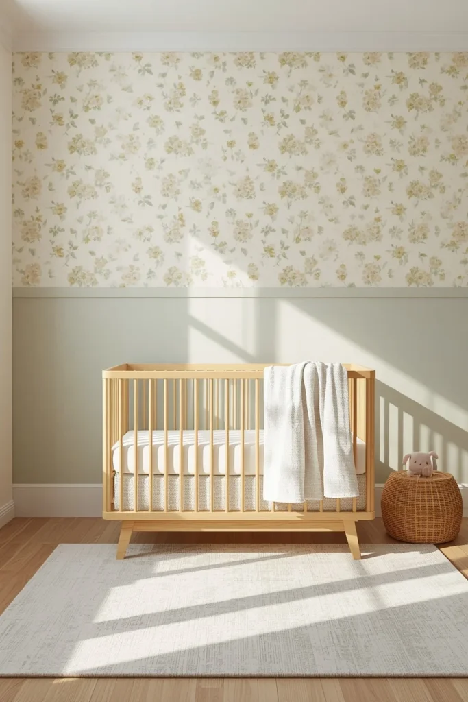 18 Baby Boy Nursery Themes That Are Cute, Creative & Absolutely Charming 14 baby nursery, featuring a small-scale daisy print wallpaper