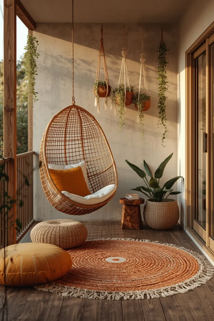 20 Back Deck Ideas That Make Your Outdoor Space Impossibly Inviting 14 bohemian deck, featuring a hanging rattan egg chair,