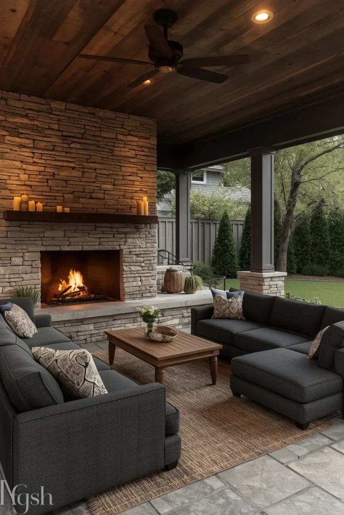 17 Back Patio Ideas That Transform Any Outdoor Space Into a Cozy Retreat 14 patio, featuring a stacked stone fireplace with a lit fire,