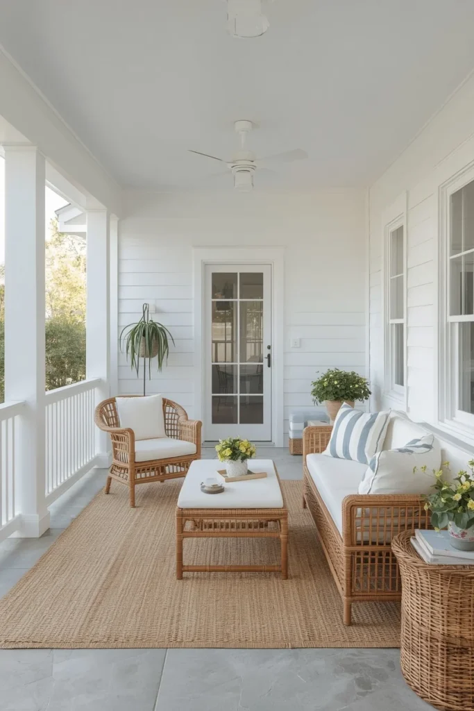 18 Back Porch Ideas That Make Outdoor Living Feel Like Pure Heaven 14 Coastal Back Porch with Natural Fibers