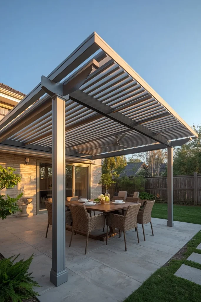 backyard, featuring a modern louvered pergola-gazebo