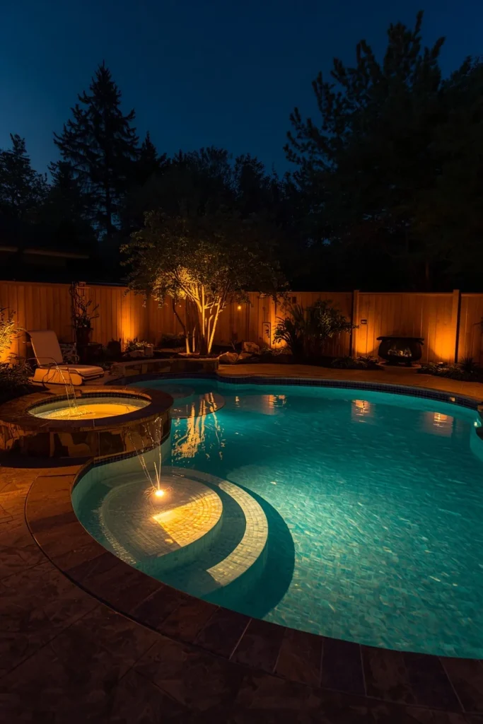  backyard pool at night, featuring layered LED lighting 