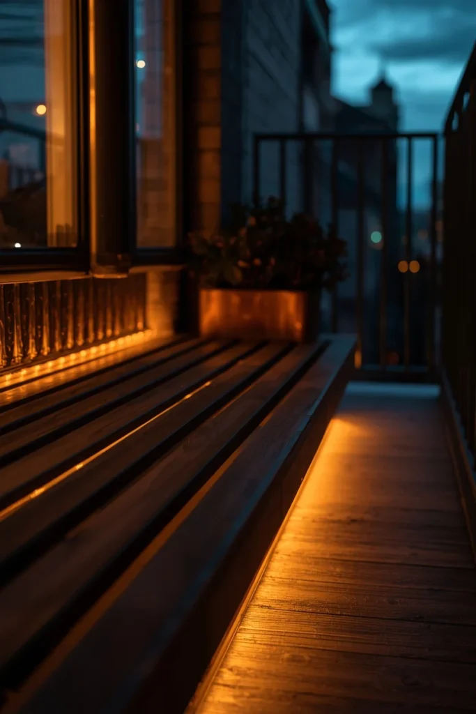 25 Balcony Ideas That Turn Even the Smallest Outdoor Space Into a Retreat 14 balcony bench, featuring soft LED strip lighting glowing