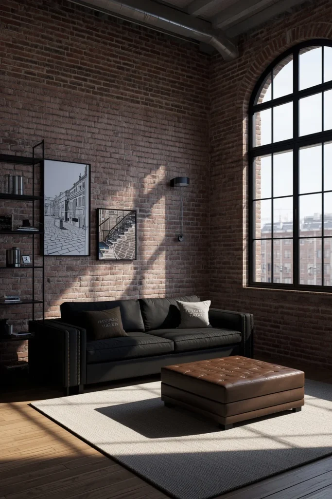 living room, featuring a black sofa against an exposed brick wall