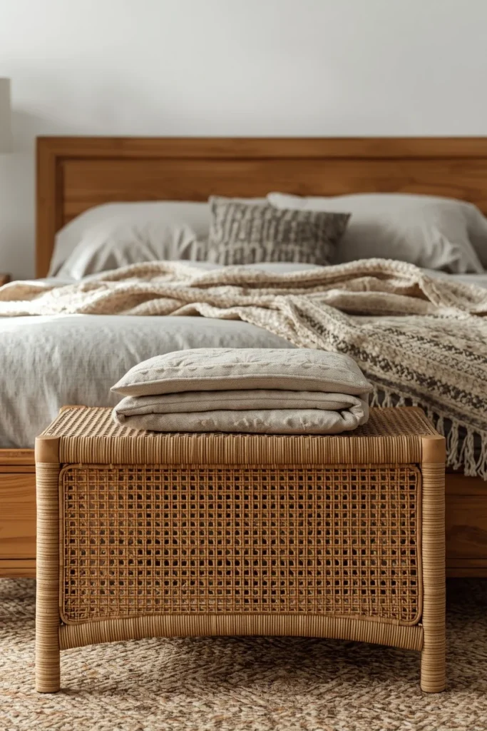 bedroom shot, featuring a woven rattan bench at the foot of a wood bed frame