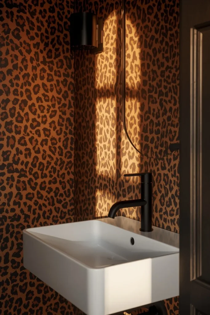 powder room, featuring refined leopard-print wallpaper 