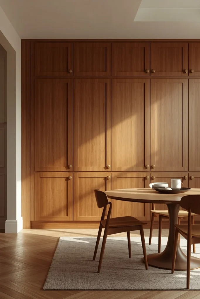 17 Built-In Dining Room Cabinet Ideas That Are Beautiful & Super Practical 14 dining room built-in, featuring warm walnut wood cabinetry