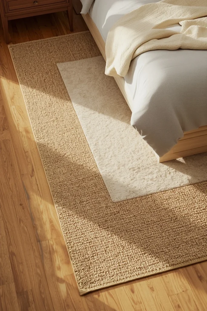 16 Classy Bedroom Ideas That Ooze Quiet Luxury Without the Price Tag 14 bedroom floor, featuring a layered jute rug beneath a smaller soft cream accent rug