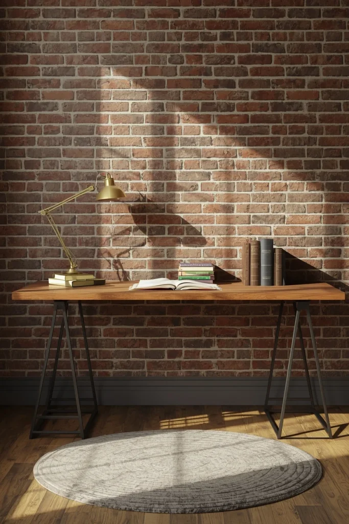 study space, featuring an exposed brick accent wall 