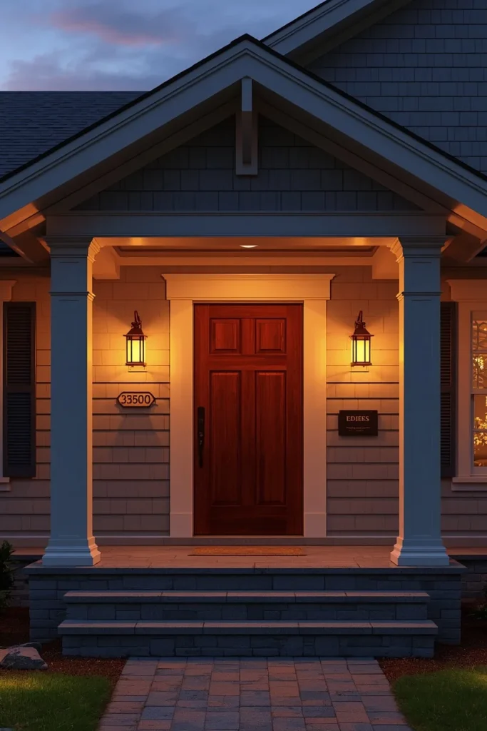 16 Craftsman Exterior Ideas That Are Classic, Detailed & Endlessly Beautiful 14 craftsman porch entry at dusk, featuring a pair of patinated copper lantern