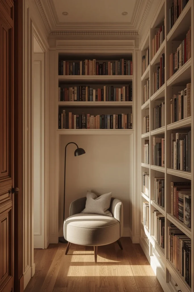 24 Dream Home Library Ideas That Are So Beautiful They'll Take Your Breath Away 14 small home library alcove, featuring built-in shelving