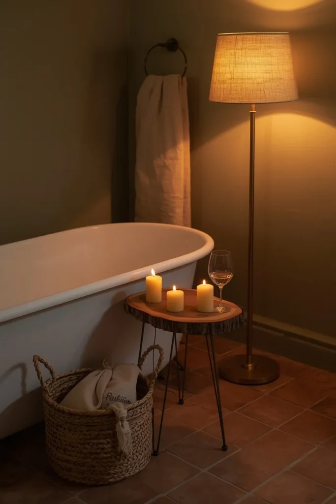 20 Farmhouse Bathroom Ideas That Are Rustic, Cozy & Utterly Gorgeous 14 Cozy farmhouse bathroom soaking corner at dusk