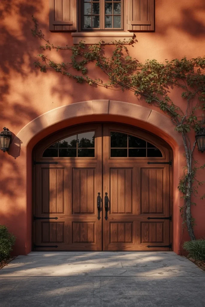 French country stucco home exterior, featuring an arched-top wood garage door