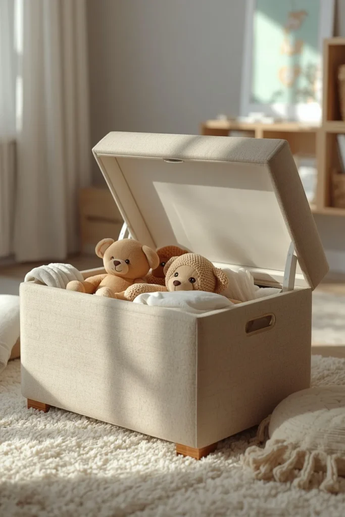 children's playroom, featuring a soft upholstered storage ottoman 