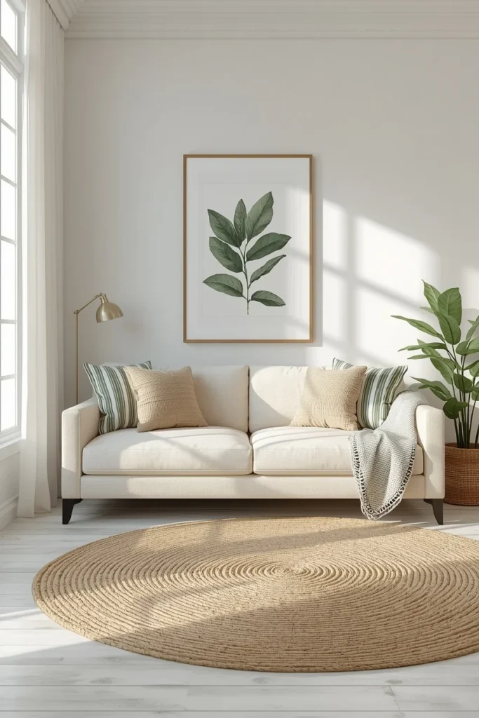 16 Green Living Room Ideas That Bring Life, Calm & Color to Any Space 14 living room, featuring neutral white walls, a cream sofa