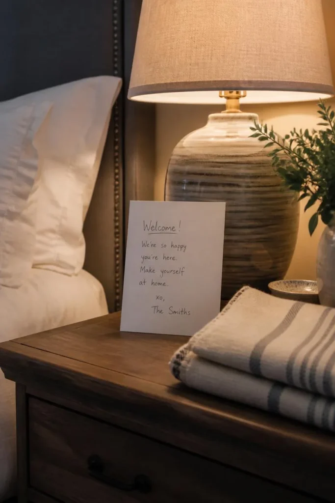  guest bedroom nightstand, featuring a handwritten welcome note