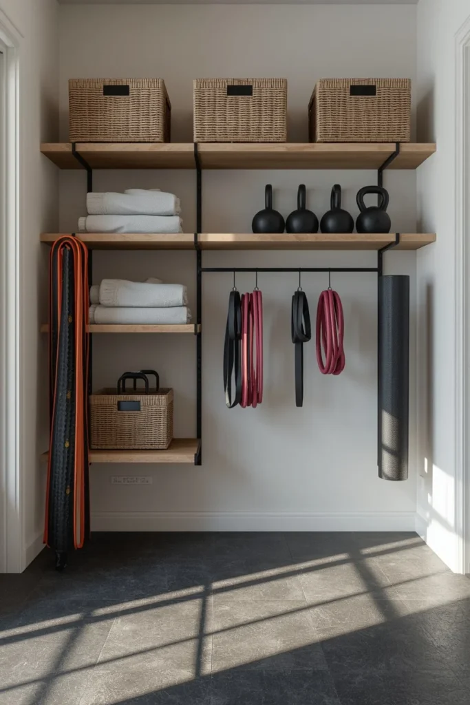 home gym, featuring open wood shelving with woven storage baskets