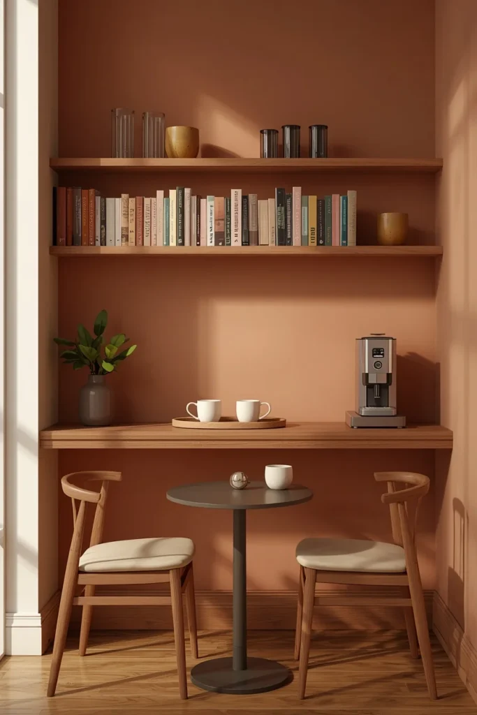 16 Home Library Aesthetic Ideas That Turn Any Corner Into a Reader's Paradise 14 café-style reading corner, featuring a narrow wooden console table