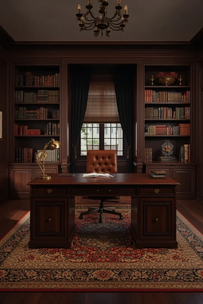 traditional home office study, featuring dark mahogany desk