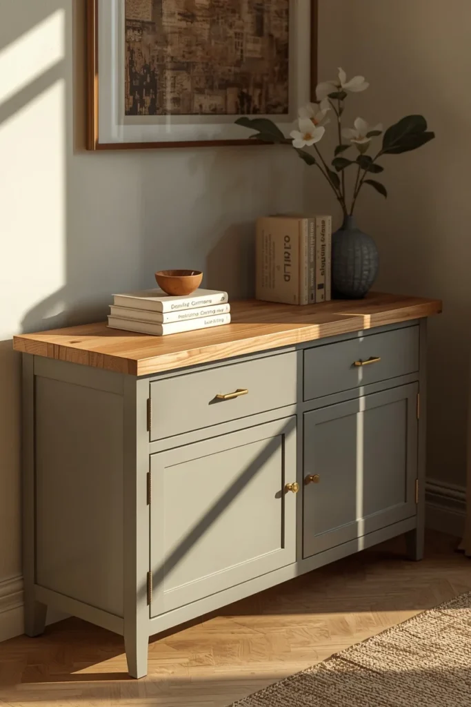 IKEA sideboard base topped with a solid butcher block wood slab,