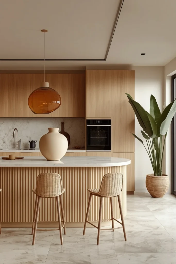  organic modern kitchen aesthetic, rounded curved-corner fluted front kitchen island
