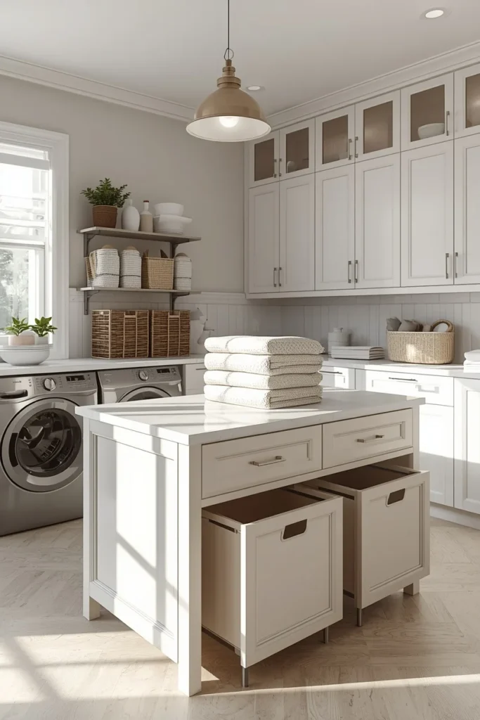 23 Laundry Room Design Ideas That Turn a Chore Space Into a Design Feature 14 laundry room island, featuring a white quartz-topped island