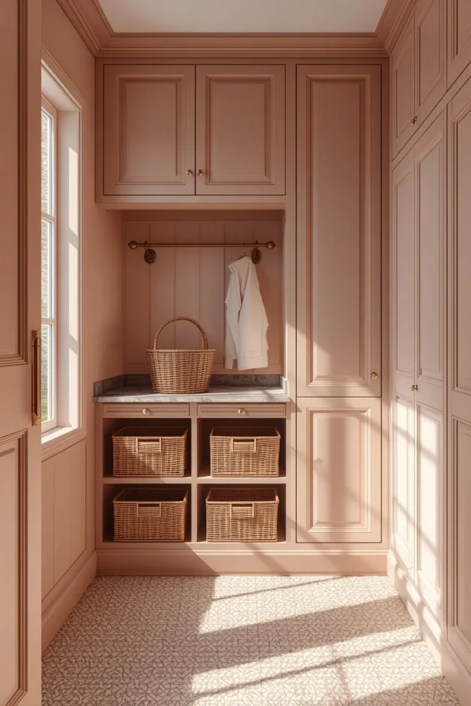 24 Laundry Room Ideas That Make the Most Dreaded Chore Actually Enjoyable 14 vintage laundry nook, featuring muted dusty pink cabinetry,