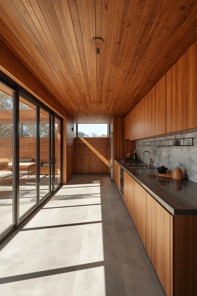 22 Mid Century Modern Kitchen Designs That Are Timeless & Stunning 13 modern kitchen, featuring a full wall of glass sliding doors