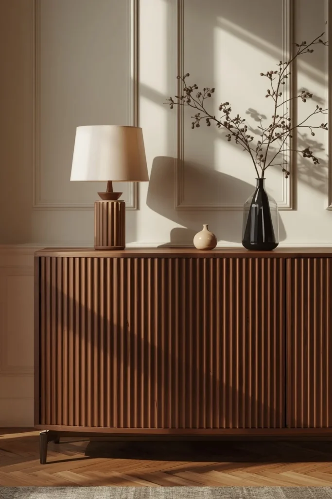 25 Modern Dining Room Ideas That Are Chic, Sleek & Totally Pin-Worthy 14 dining room, featuring a curved-front walnut veneer sideboard