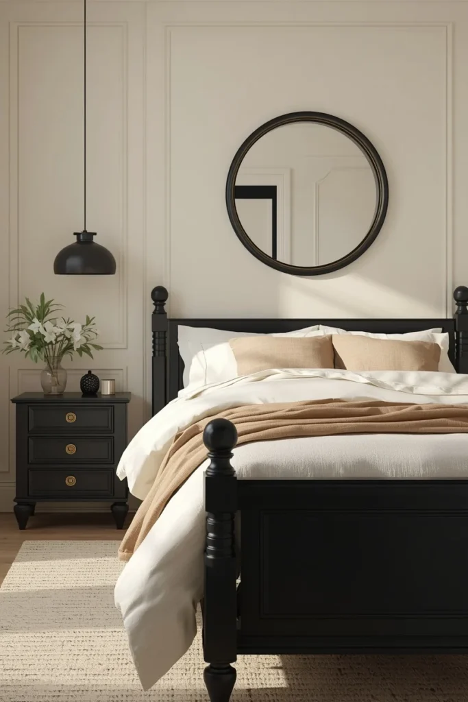 17 Moody Black Bedroom Ideas That Are Hauntingly Beautiful & Chic 14 bedroom, featuring soft cream walls with a black wood bed frame,