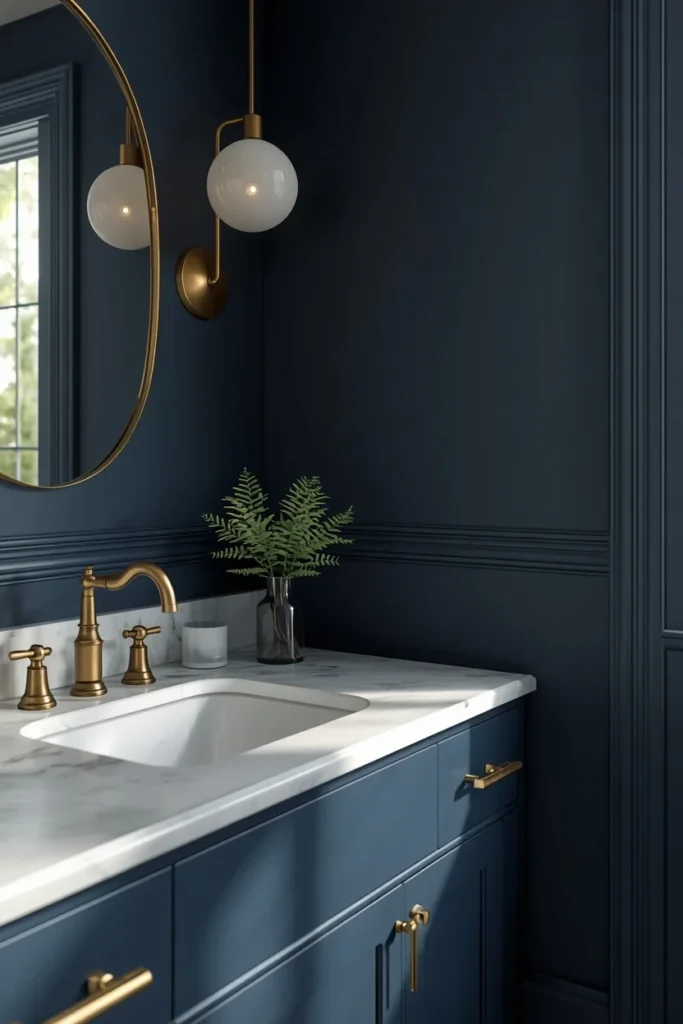 16 Moody Blue Bathroom Ideas That Feel Luxurious & Deeply Relaxing 14 bathroom, featuring matte navy blue painted walls