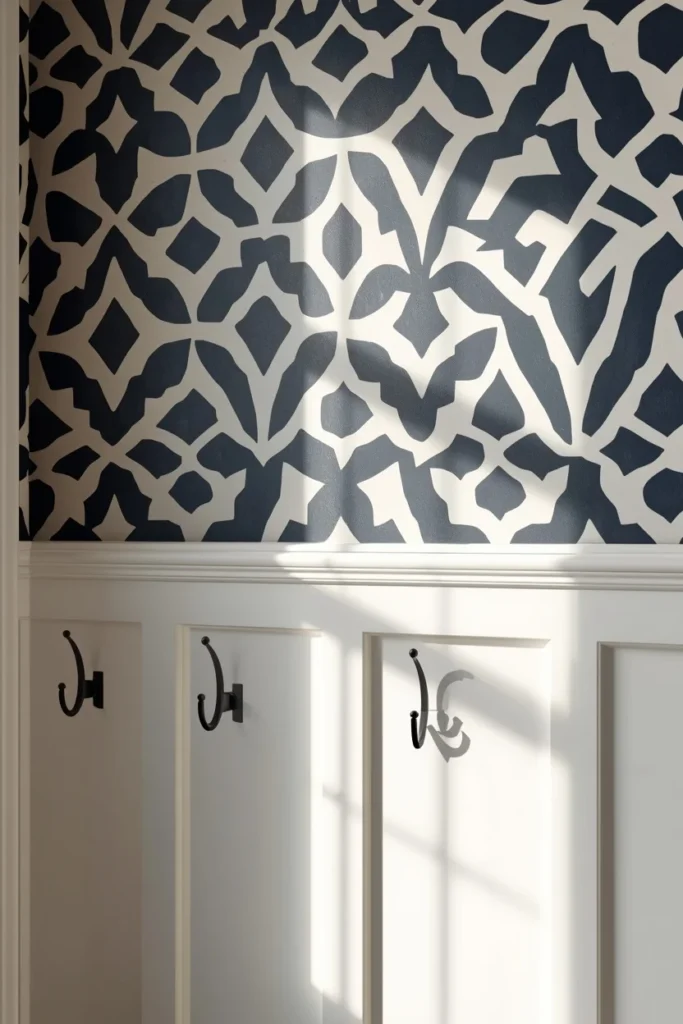 16 Mudroom Design Ideas That Make the Messiest Space in Your Home Look Amazing 13 mudroom accent wall featuring a bold geometric navy and white wallpaper