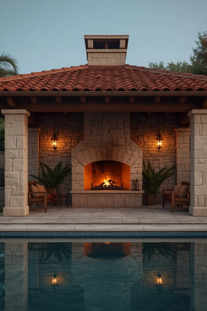 21 Pool House Ideas That Make Your Backyard Feel Like a Luxury Resort 14 Mediterranean stone pool cabana, featuring red tile roof,