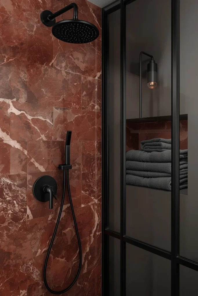 bathroom, featuring honed red marble shower wall 