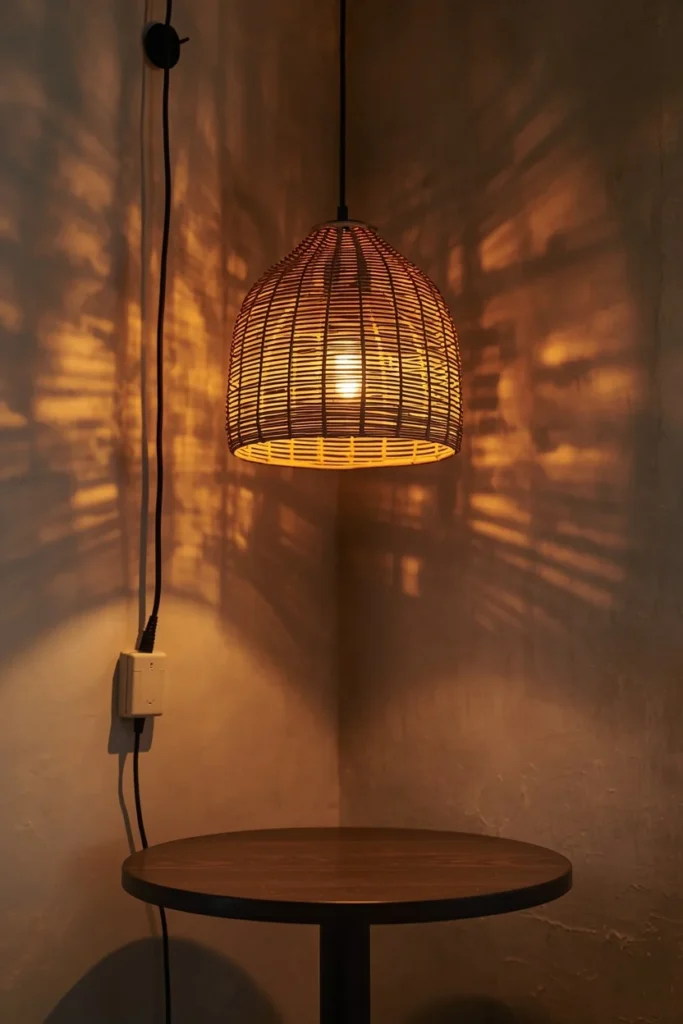 23 Rental Apartment Decor Ideas That Look Like You Actually Own the Place 14 rental dining nook, featuring a plug-in woven rattan pendant light